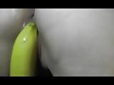 Pierced amateur wife with banana and fingers in her pussy